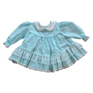 Bryan vintage 1990s‎ turquoise white stripe fancy little girls dress SZ 3-6 Mos